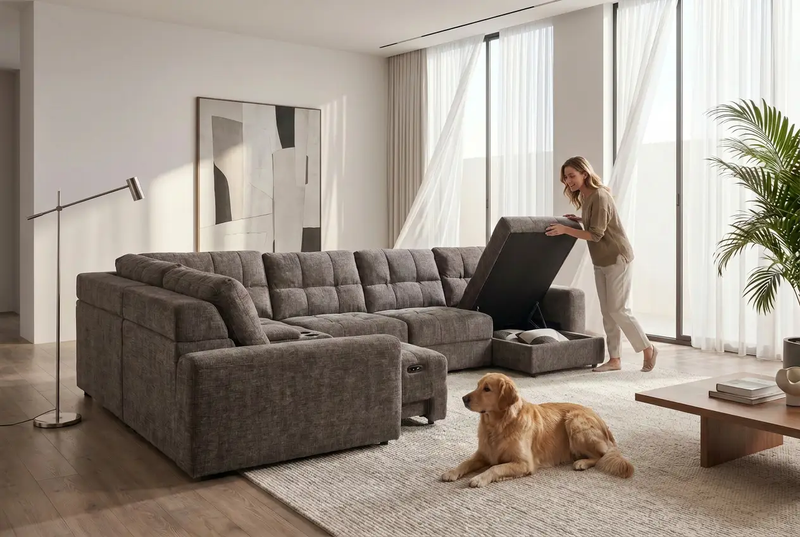 Haven Gunmetal 7-Piece Sleeper Sectional with Sliding Seats and Storage by Ornate Furniture