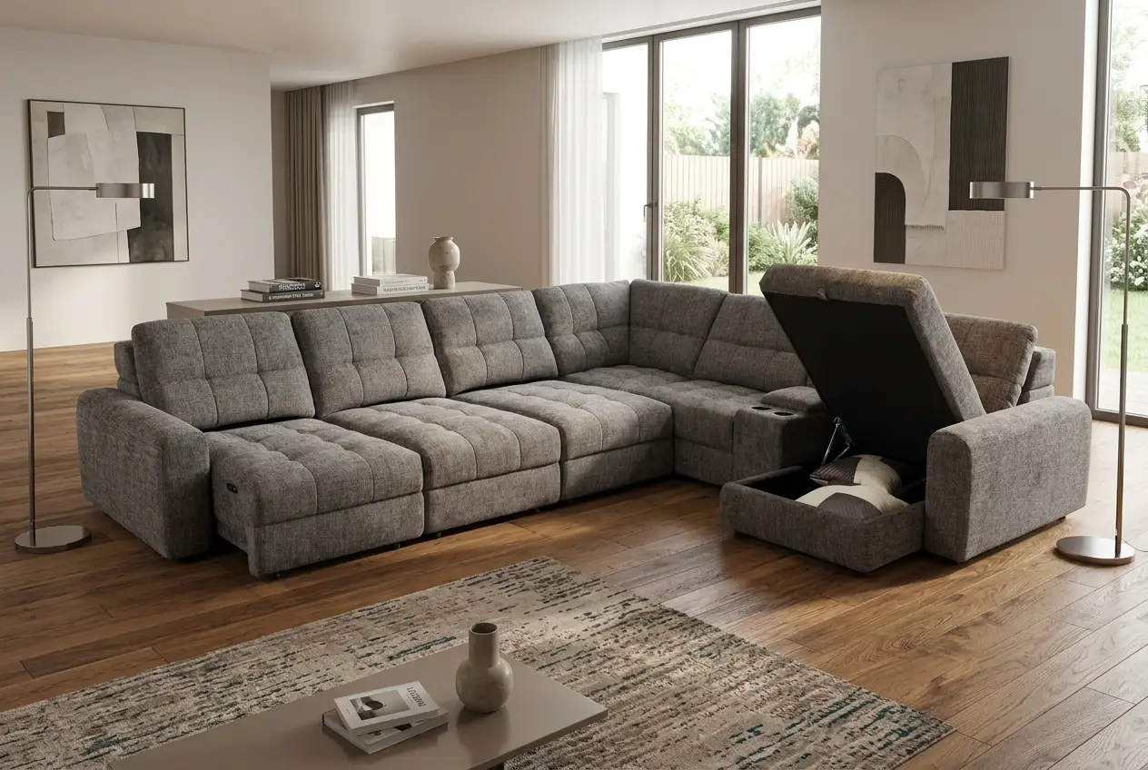 Haven Gunmetal 7-Piece Sleeper Sectional with Sliding Seats and Storage by Ornate Furniture