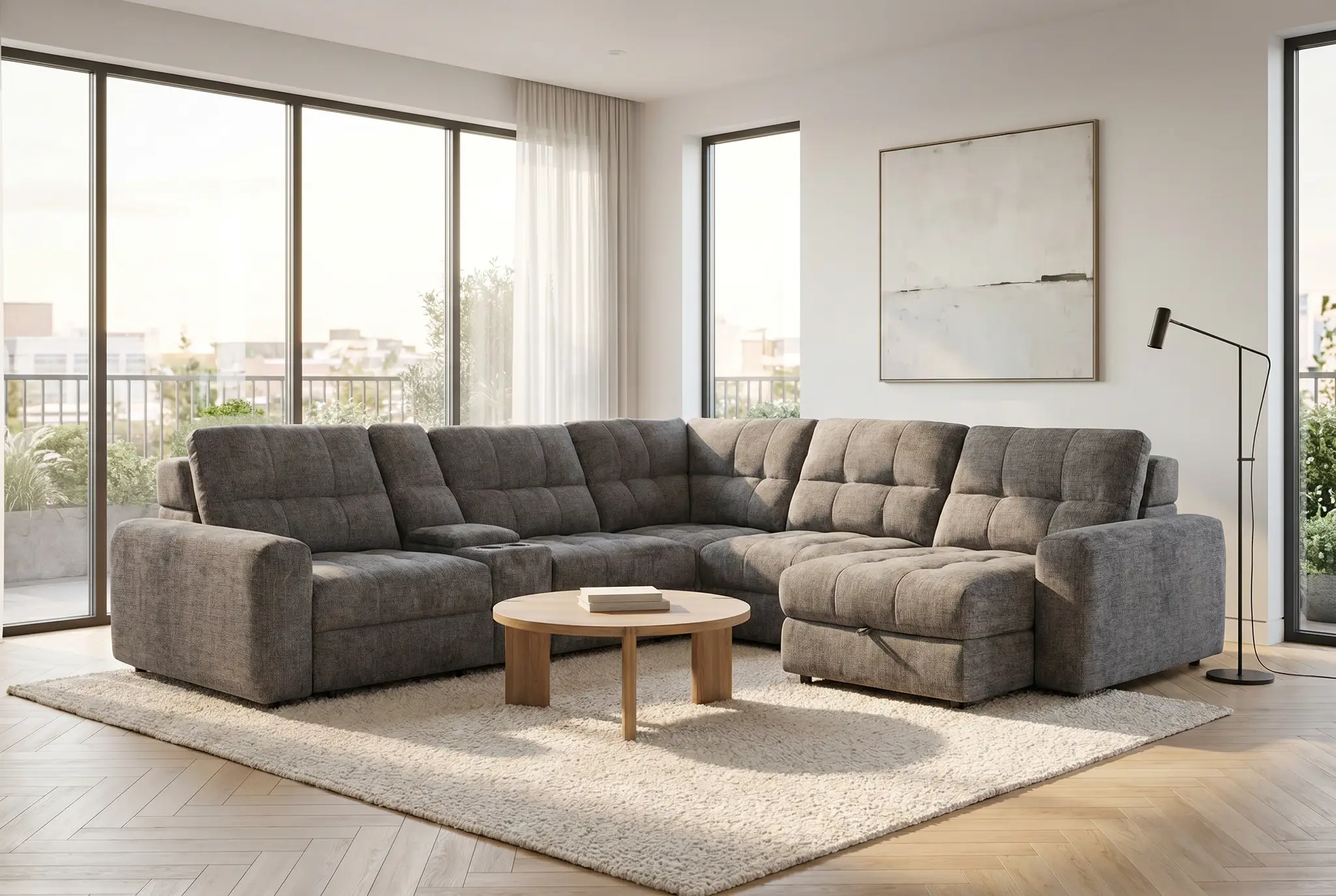 Haven Gunmetal 7-Piece Sleeper Sectional with Sliding Seats and Storage by Ornate Furniture