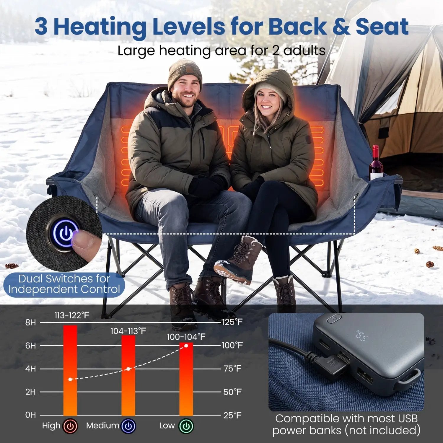 Heated Double Camping Chair with 4 Heating Zones by DirectDeals