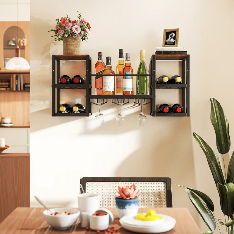 Heavy-duty Wall Mounted Wine Rack with Glass Holder Metal Frame 8-Bottle Holder-Rustic Brown by DirectDeals