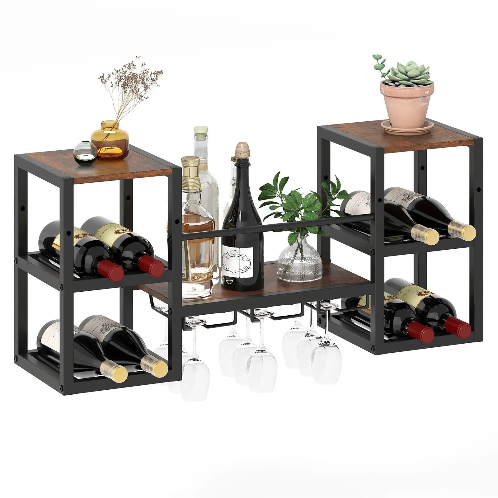 Heavy-duty Wall Mounted Wine Rack with Glass Holder Metal Frame 8-Bottle Holder-Rustic Brown by DirectDeals