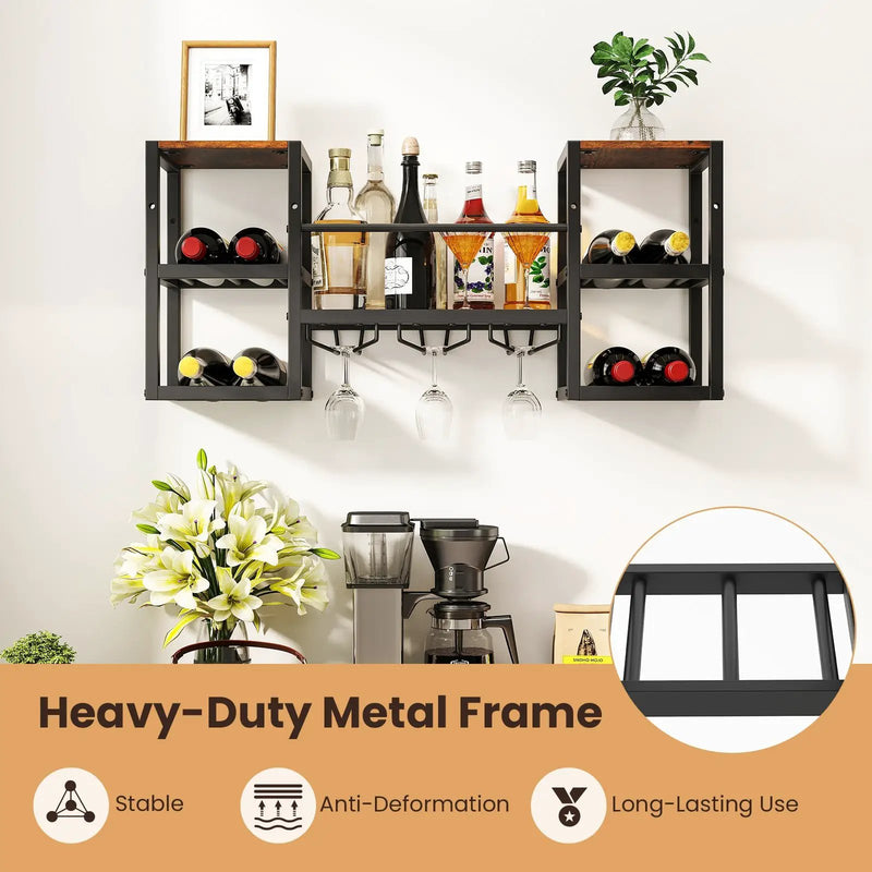 Heavy-duty Wall Mounted Wine Rack with Glass Holder Metal Frame 8-Bottle Holder-Rustic Brown by DirectDeals