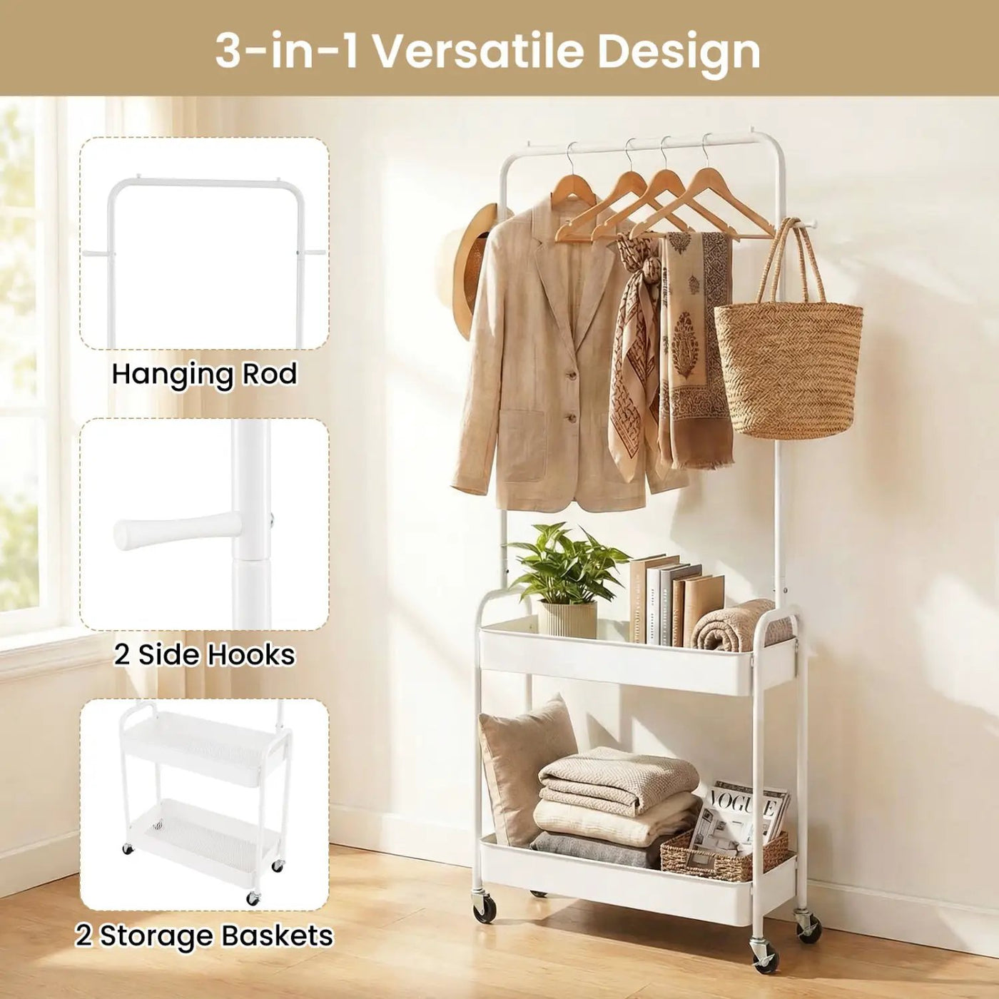Heavy-Duty Laundry Cart with Hanging Rod and 2 Storage Baskets for Bedroom by DirectDeals