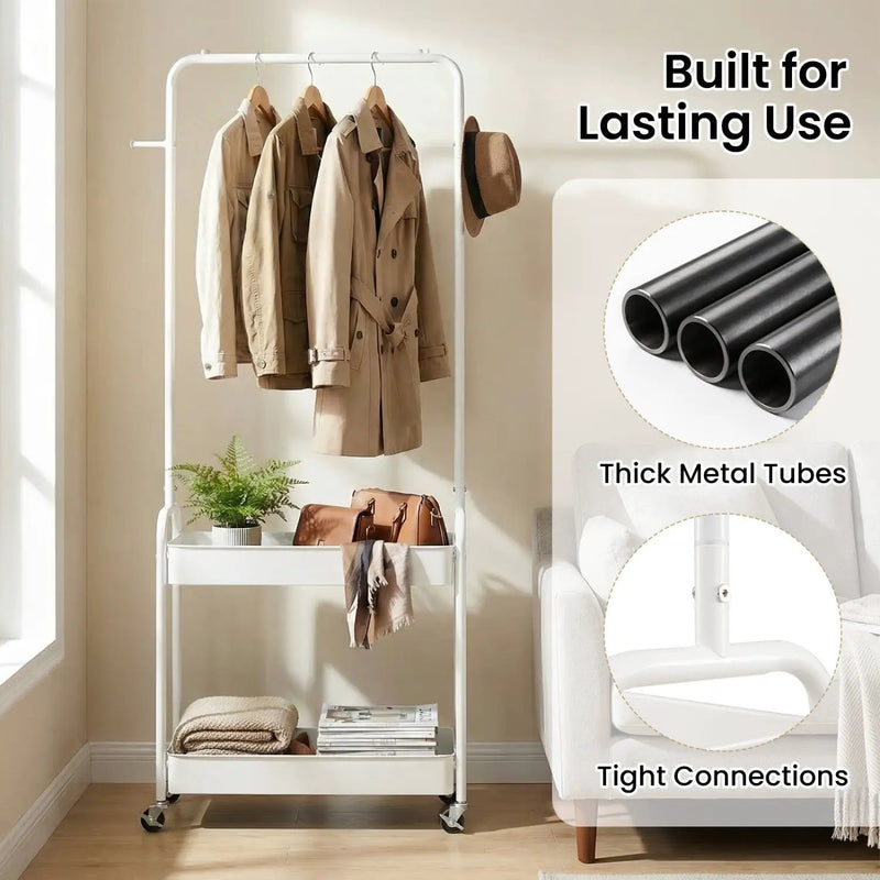 Heavy-Duty Laundry Cart with Hanging Rod and 2 Storage Baskets for Bedroom by DirectDeals