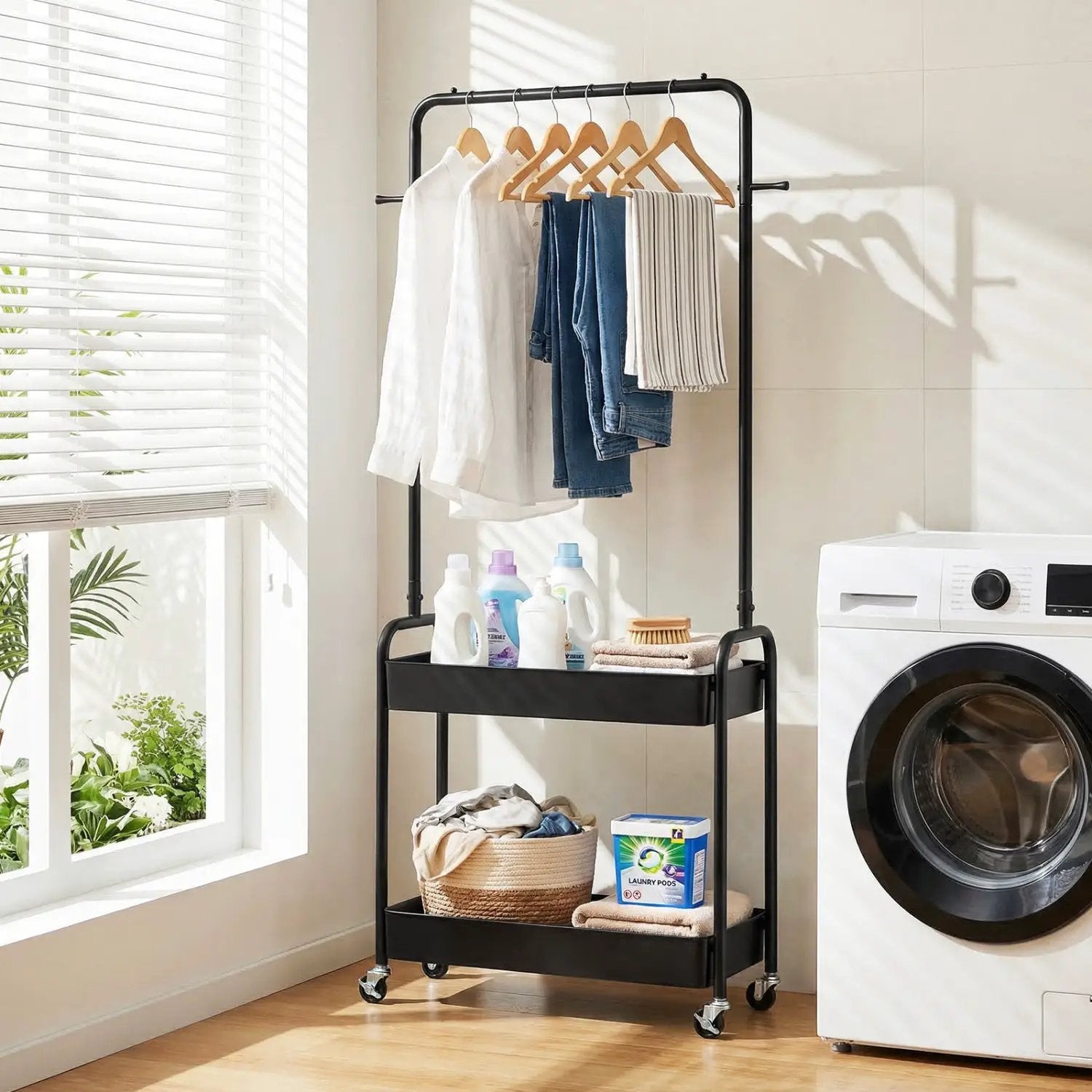 Heavy-Duty Laundry Cart with Hanging Rod and 2 Storage Baskets for Bedroom by DirectDeals