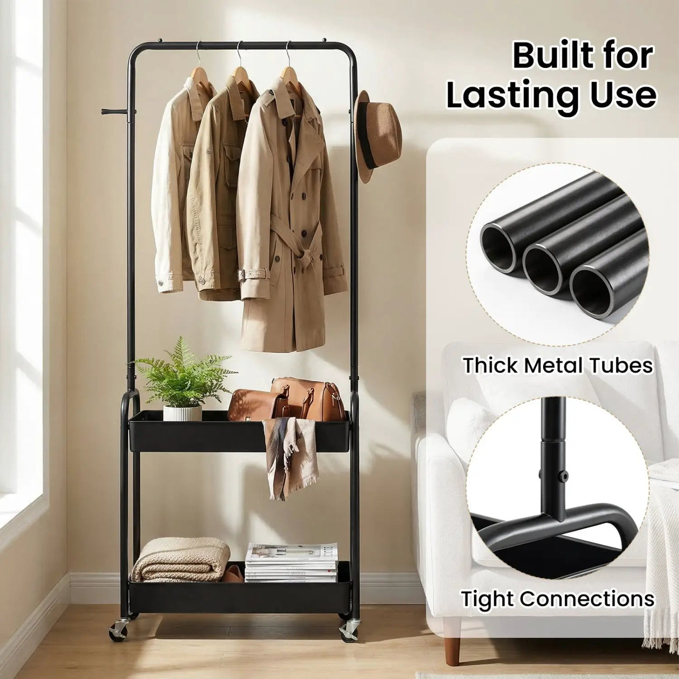 Heavy-Duty Laundry Cart with Hanging Rod and 2 Storage Baskets for Bedroom by DirectDeals