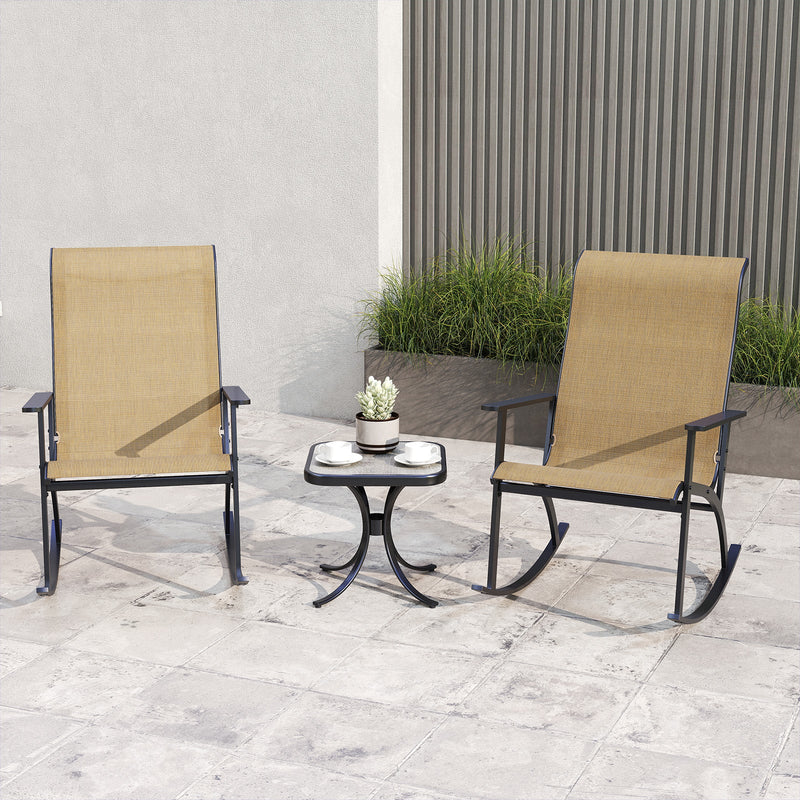 Heavy-Duty Rocking Bistro Chairs and Table Set with High Backrest and Wood-Plastic Tabletop-Brown by DirectDeals