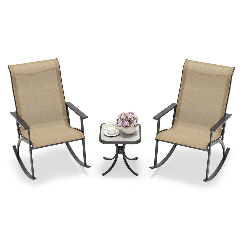 Heavy-Duty Rocking Bistro Chairs and Table Set with High Backrest and Wood-Plastic Tabletop-Brown by DirectDeals
