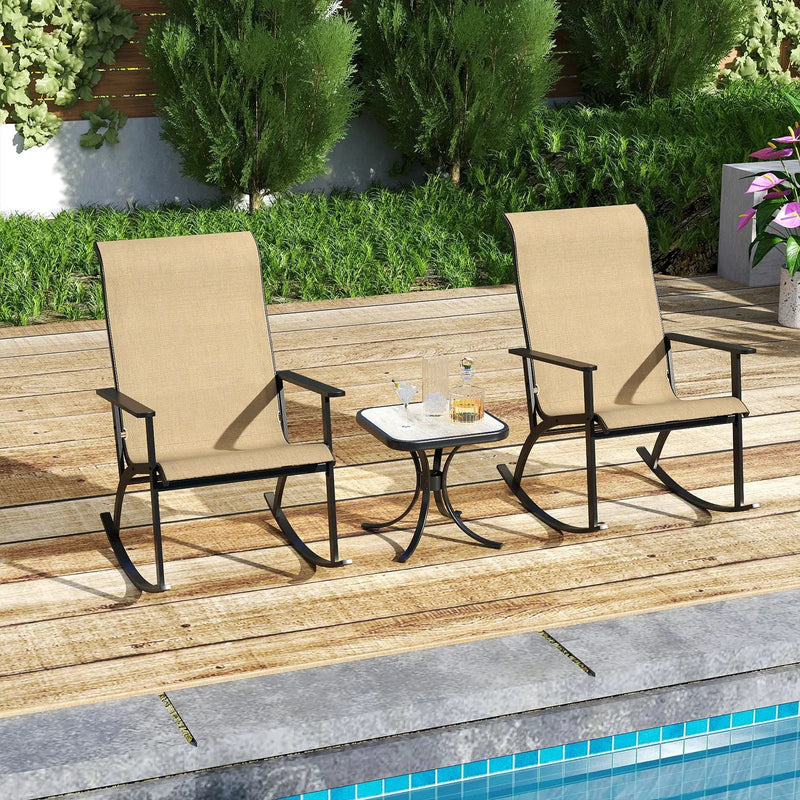Heavy-Duty Rocking Bistro Chairs and Table Set with High Backrest and Wood-Plastic Tabletop-Brown by DirectDeals