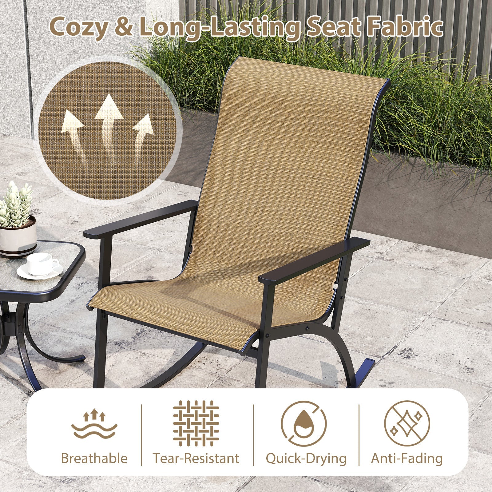 Heavy-Duty Rocking Bistro Chairs and Table Set with High Backrest and Wood-Plastic Tabletop-Brown by DirectDeals