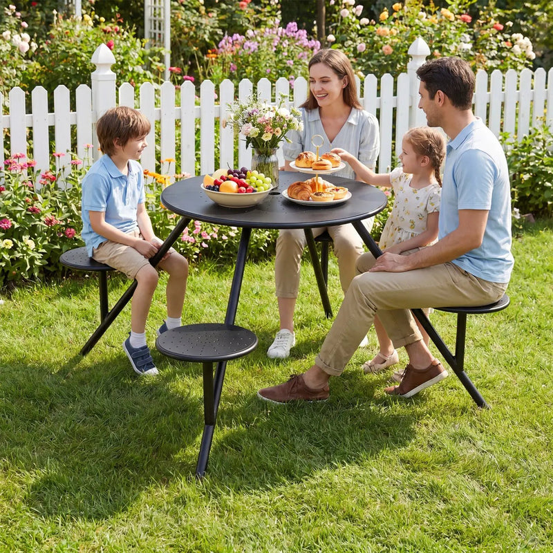 Round Picnic Table for 4 with Umbrella Hole and Iron Seats by DirectDeals