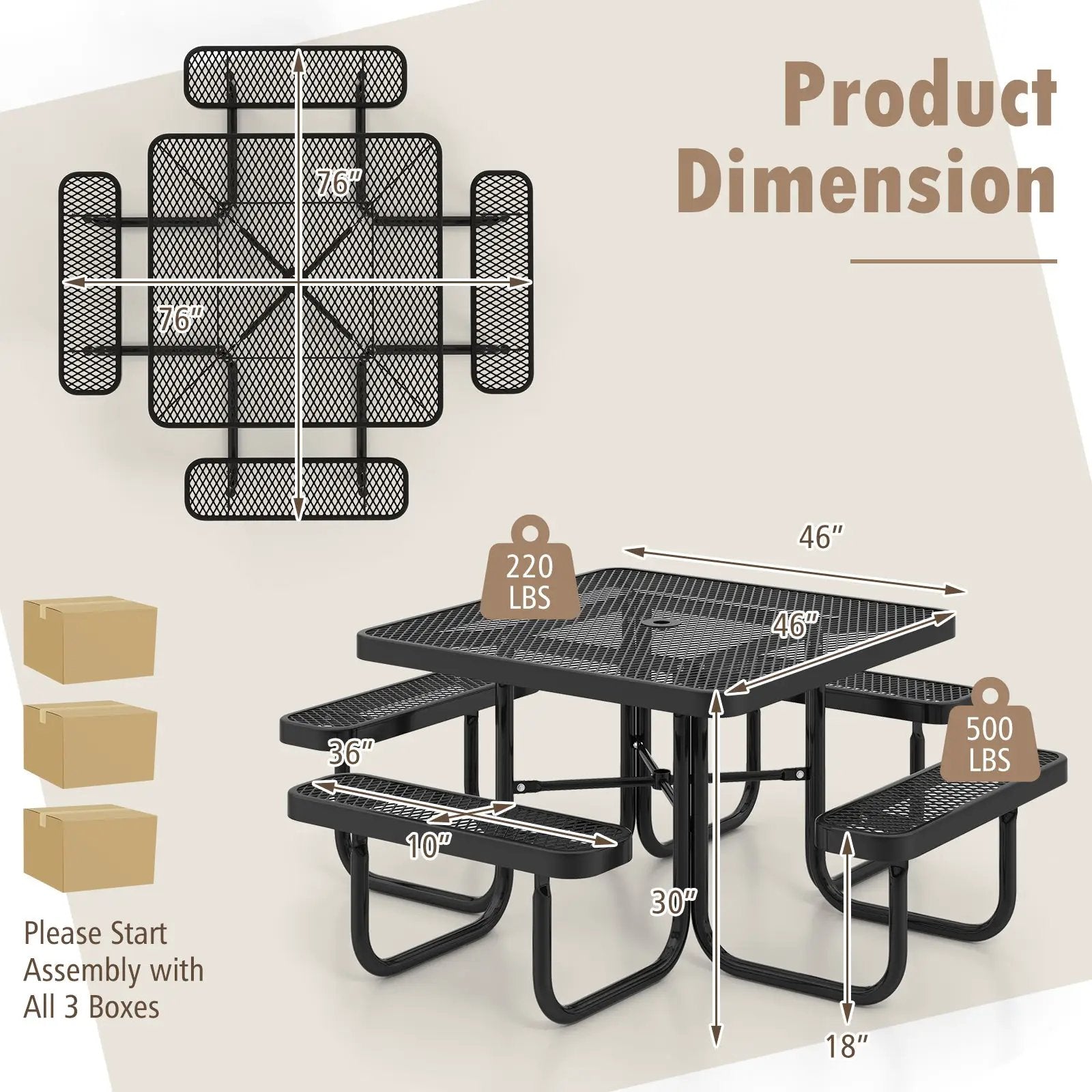 Square Picnic Table and Bench for 8 Person with Seats and Umbrella Hole-Black by DirectDeals