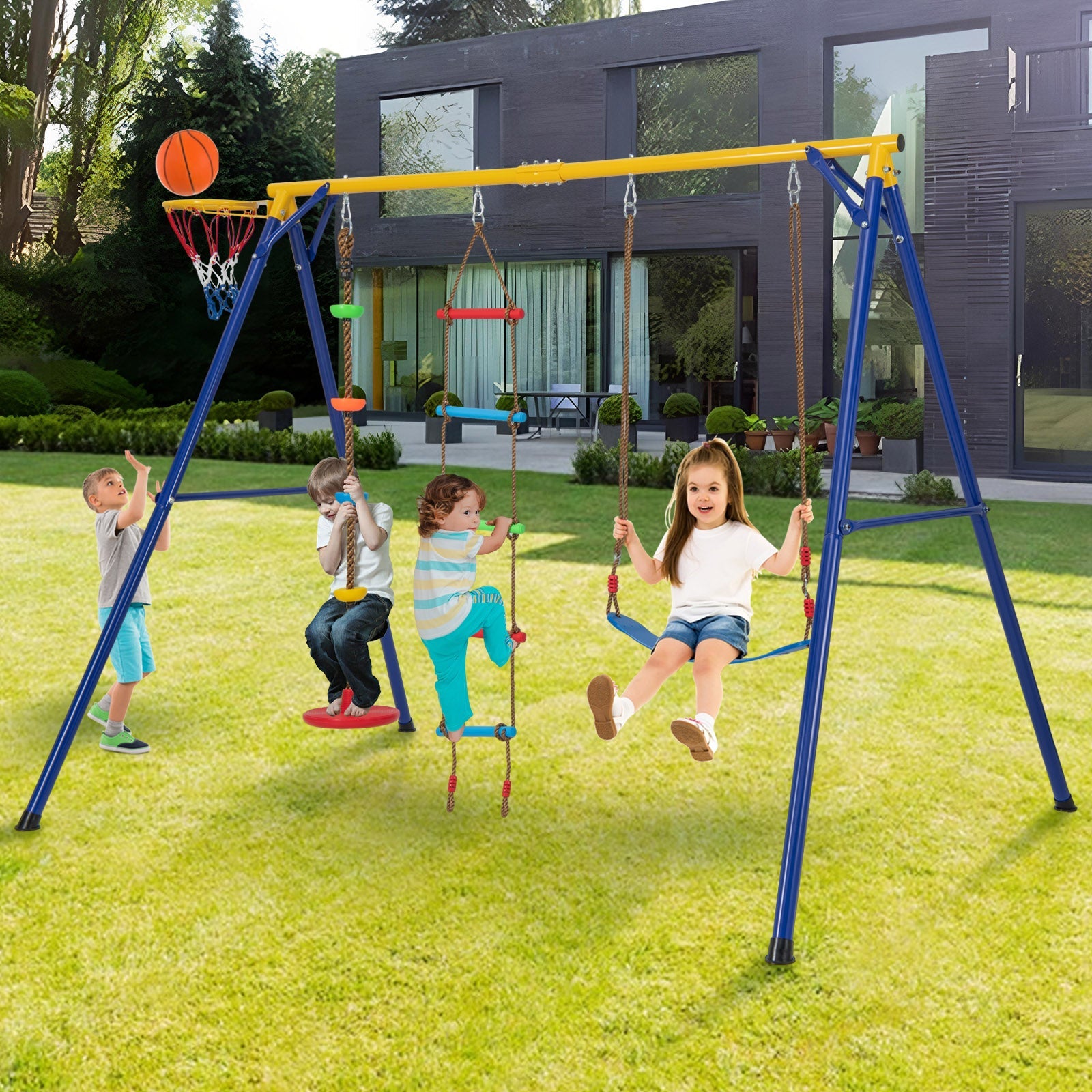 4-in-1 660 lbs Heavy Duty Swing Set for Kids Aged 3-9 Years Old-Yellow by DirectDeals