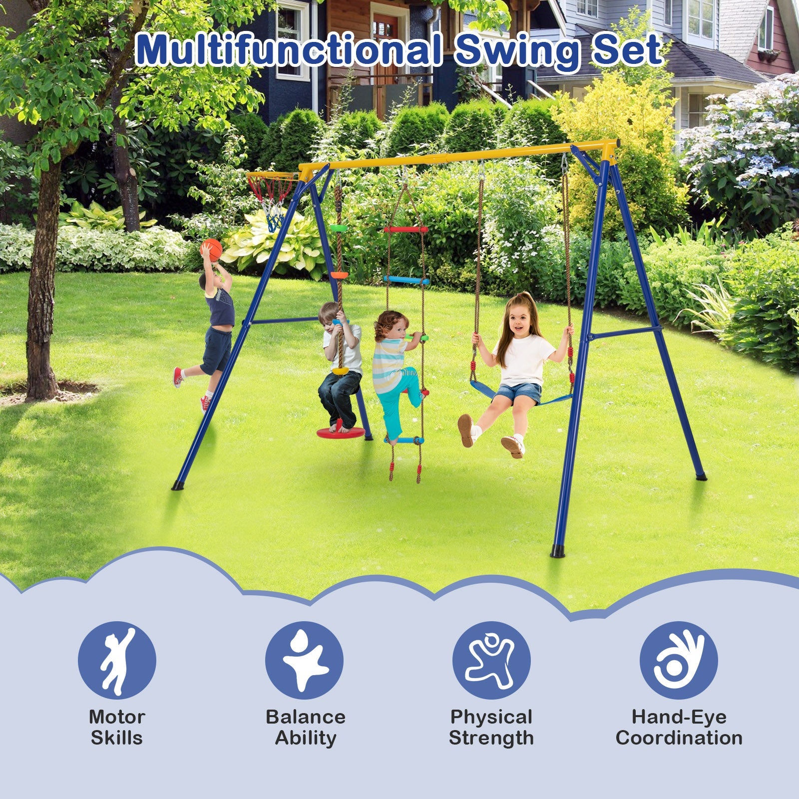 4-in-1 660 lbs Heavy Duty Swing Set for Kids Aged 3-9 Years Old-Yellow by DirectDeals