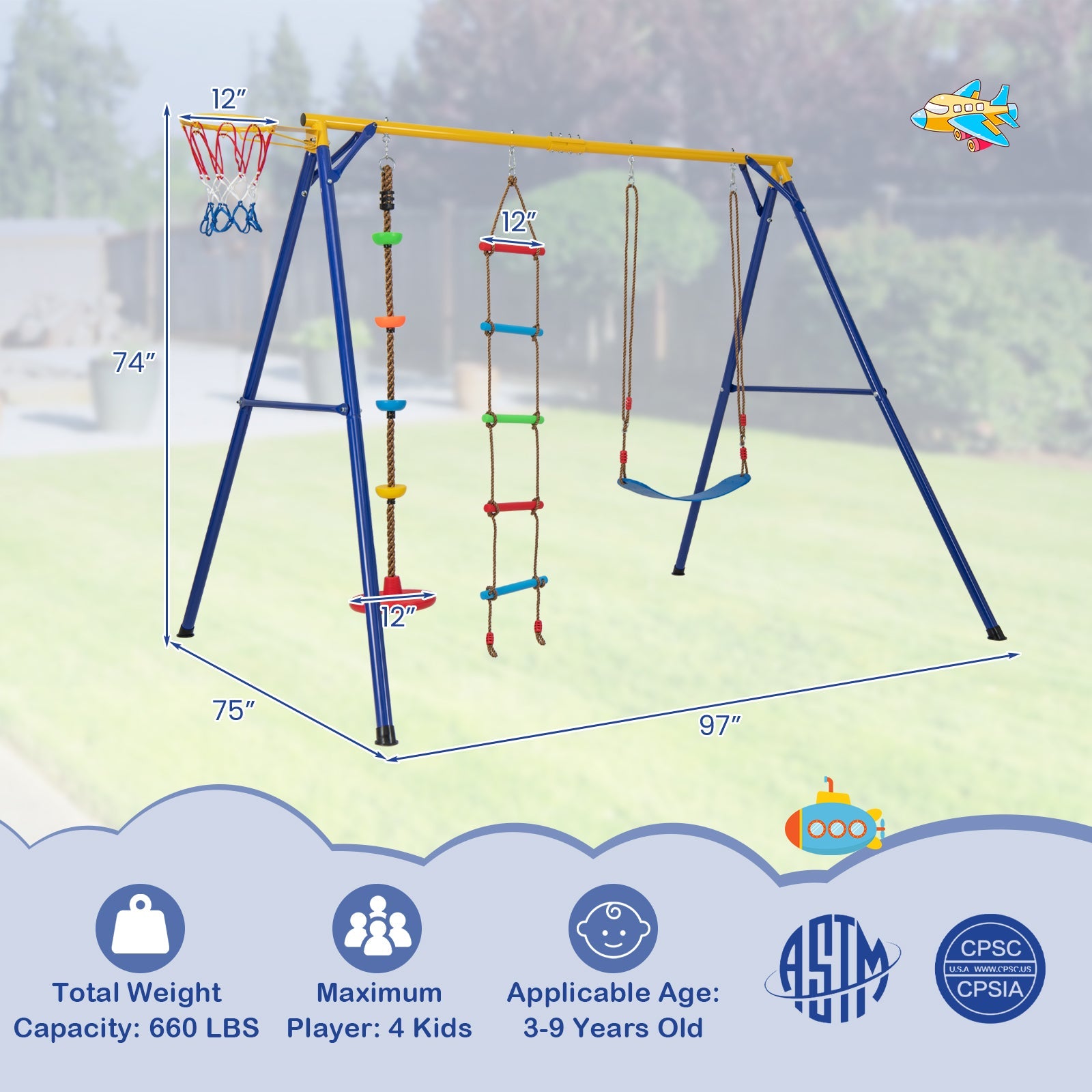4-in-1 660 lbs Heavy Duty Swing Set for Kids Aged 3-9 Years Old-Yellow by DirectDeals