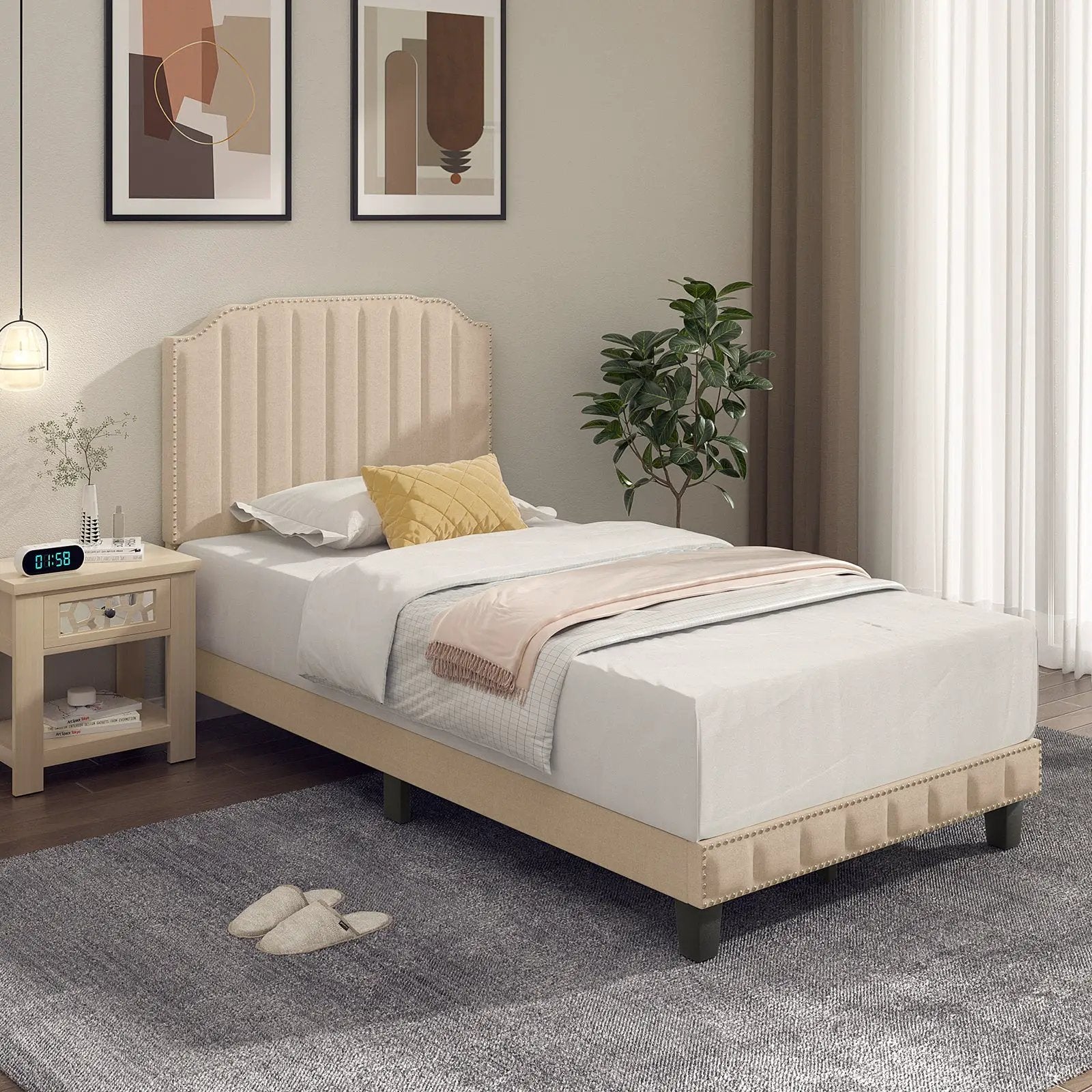 Heavy Duty Upholstered Bed Frame with Rivet Headboard by DirectDeals