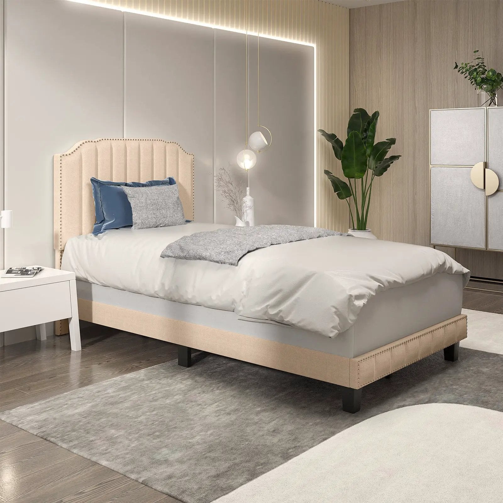 Heavy Duty Upholstered Bed Frame with Rivet Headboard by DirectDeals