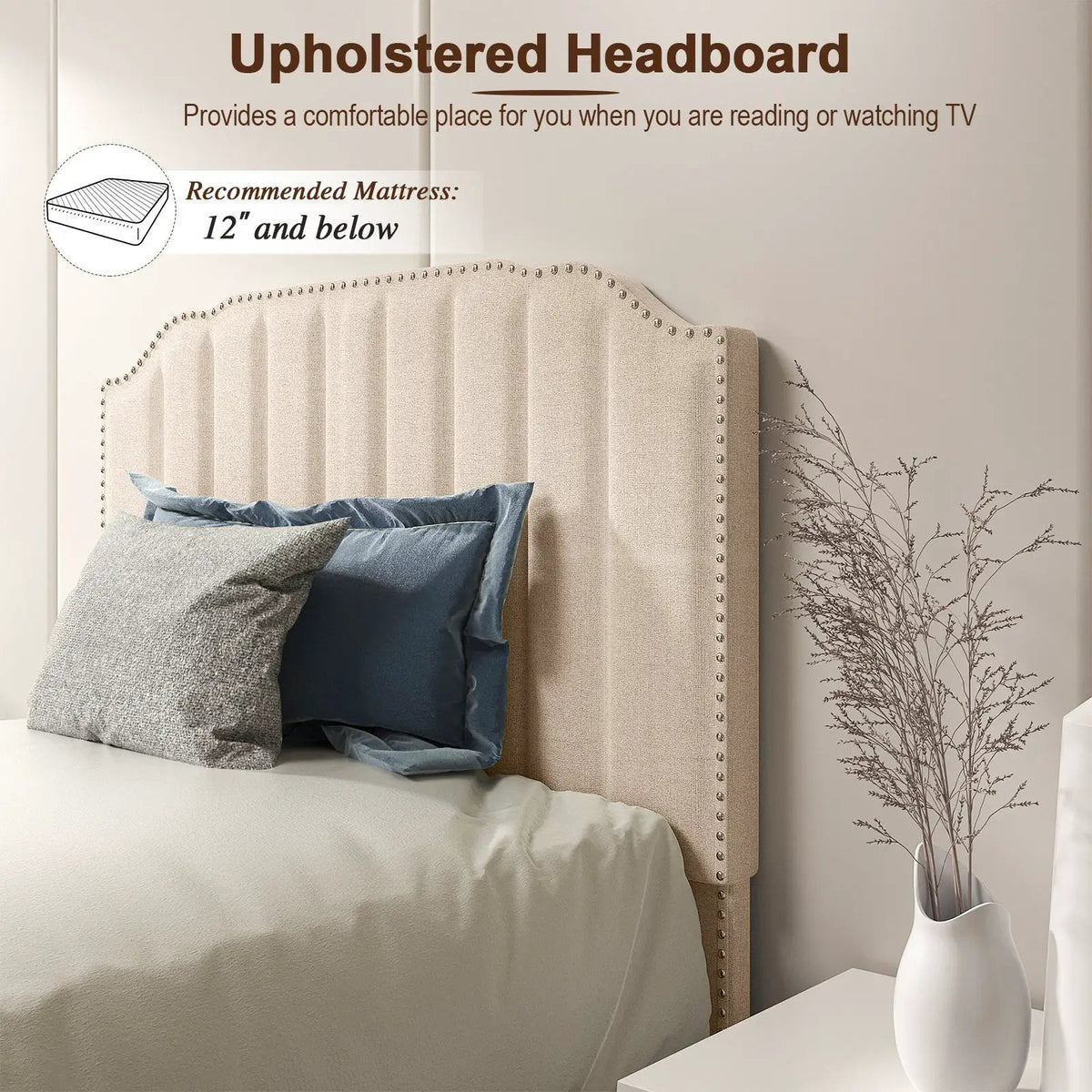 Heavy Duty Upholstered Bed Frame with Rivet Headboard by DirectDeals