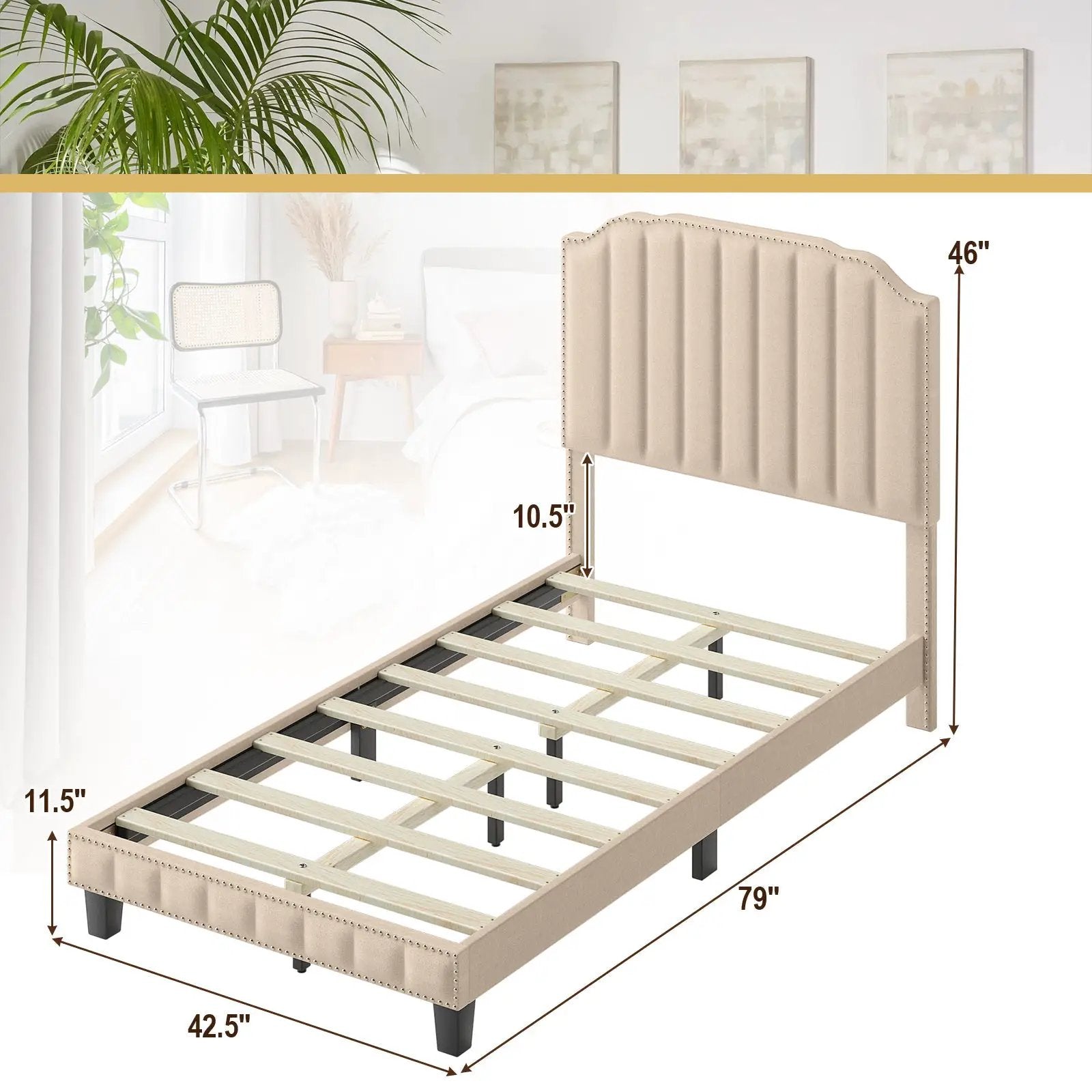 Heavy Duty Upholstered Bed Frame with Rivet Headboard by DirectDeals