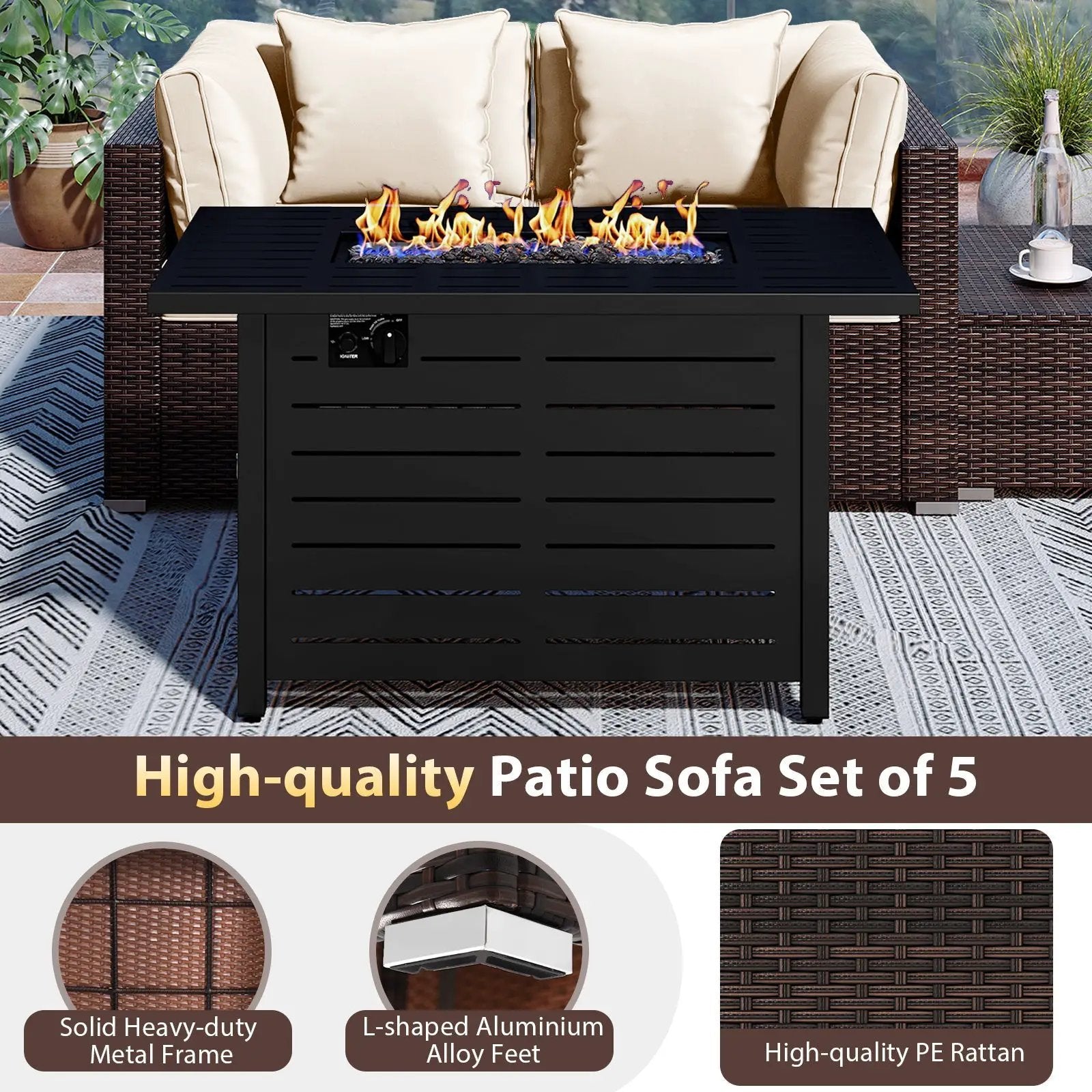 Heavy-duty Frame Rattan Sofa Set with 60000 BTU Firepit Table by DirectDeals