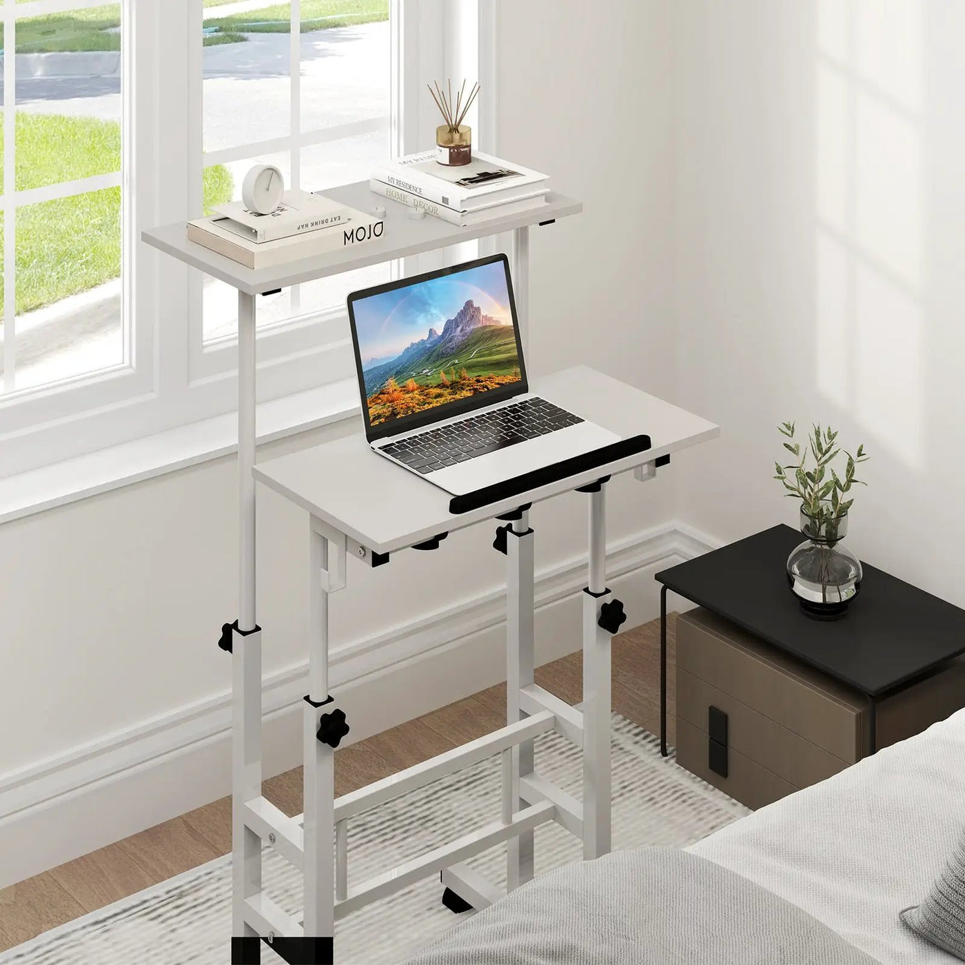 Mobile Standing Desk Height-Adjustable Laptop Cart with Split Top and Hanging Hooks by DirectDeals