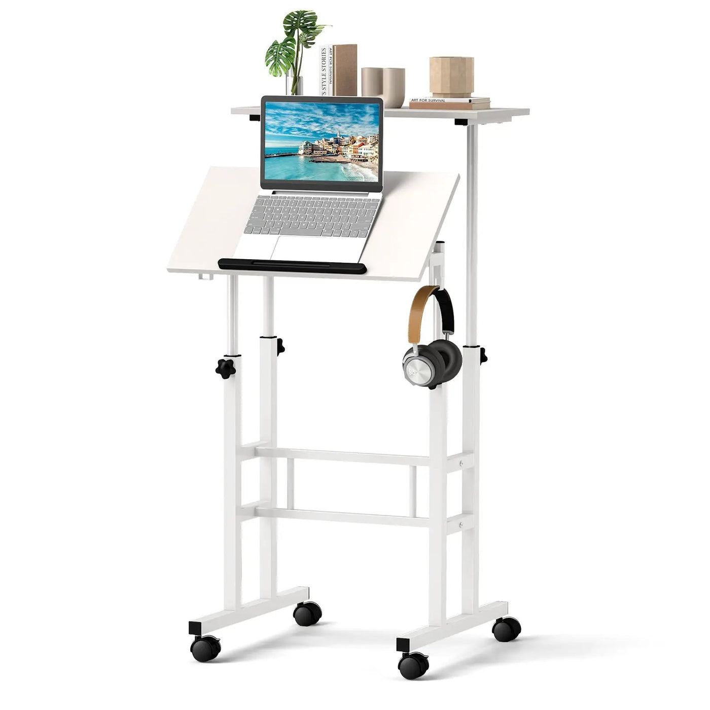 Mobile Standing Desk Height-Adjustable Laptop Cart with Split Top and Hanging Hooks by DirectDeals