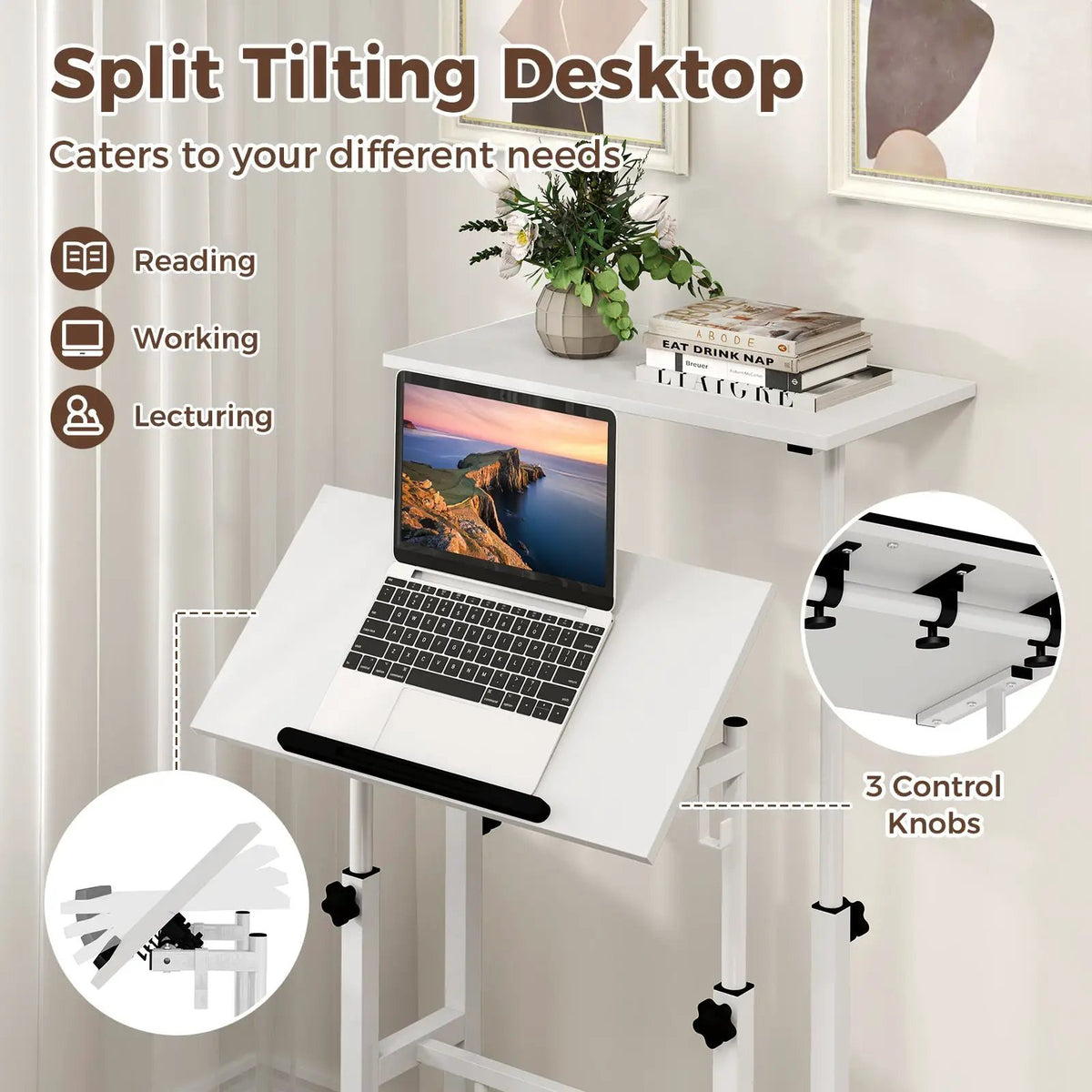 Mobile Standing Desk Height-Adjustable Laptop Cart with Split Top and Hanging Hooks by DirectDeals