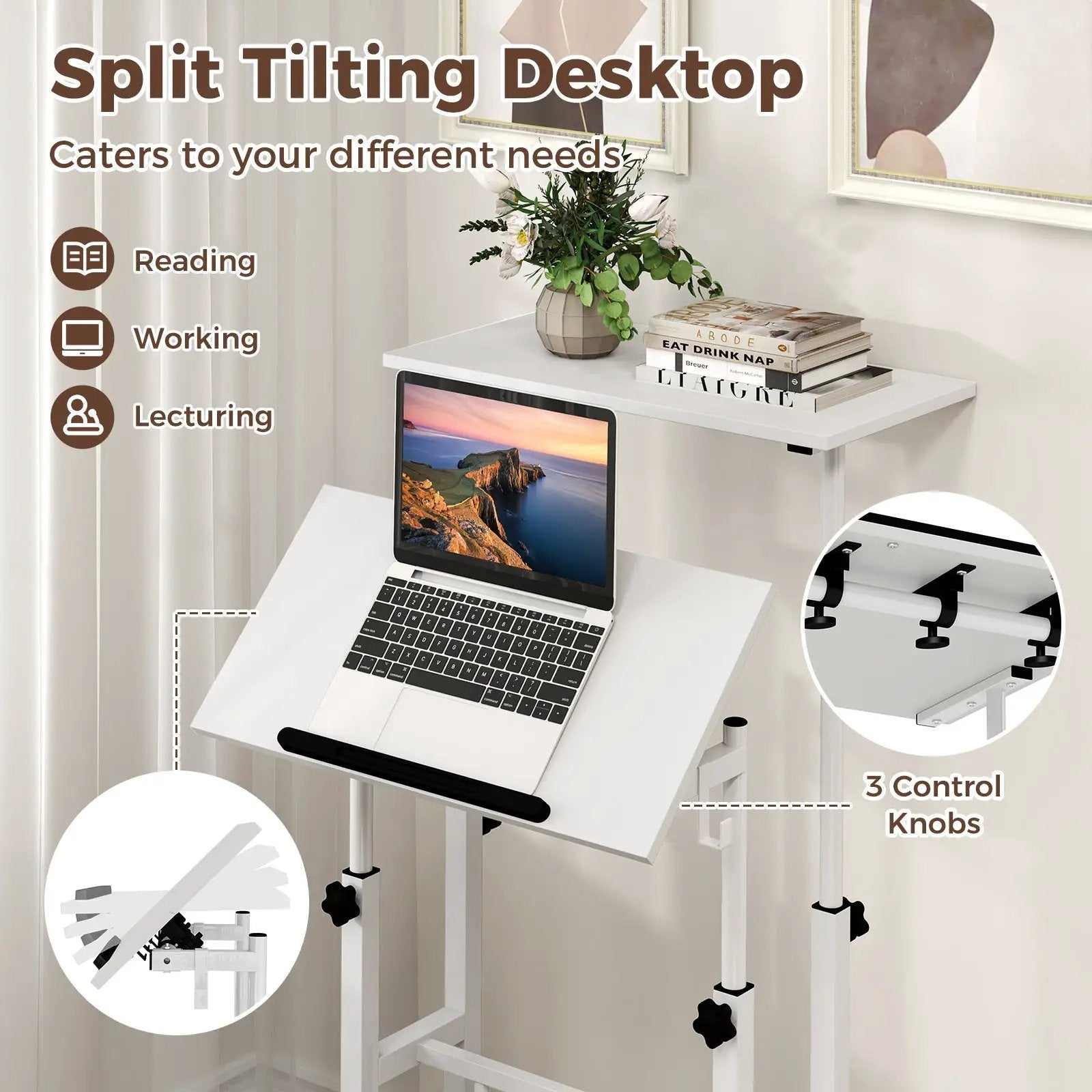 Mobile Standing Desk Height-Adjustable Laptop Cart with Split Top and Hanging Hooks by DirectDeals