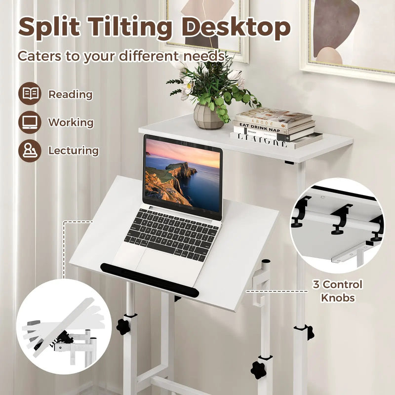 Mobile Standing Desk Height-Adjustable Laptop Cart with Split Top and Hanging Hooks by DirectDeals