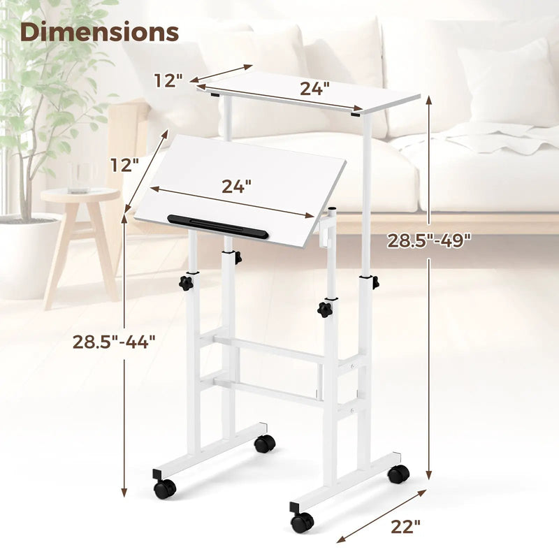 Mobile Standing Desk Height-Adjustable Laptop Cart with Split Top and Hanging Hooks by DirectDeals