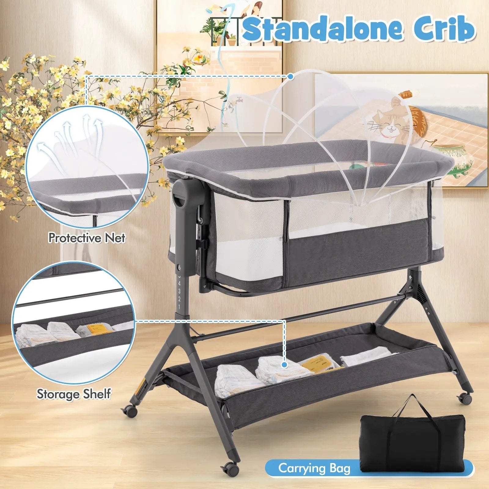 Height Adjustable Bedside Sleeper with Storage Bag and Soft Mattress for Baby by DirectDeals