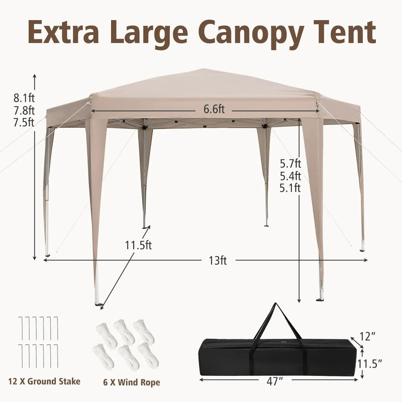 13 x 11.5 FT Hexagonal Pop-Up Height Adjustable Canopy Tent with Dressed Legs-Khaki by DirectDeals