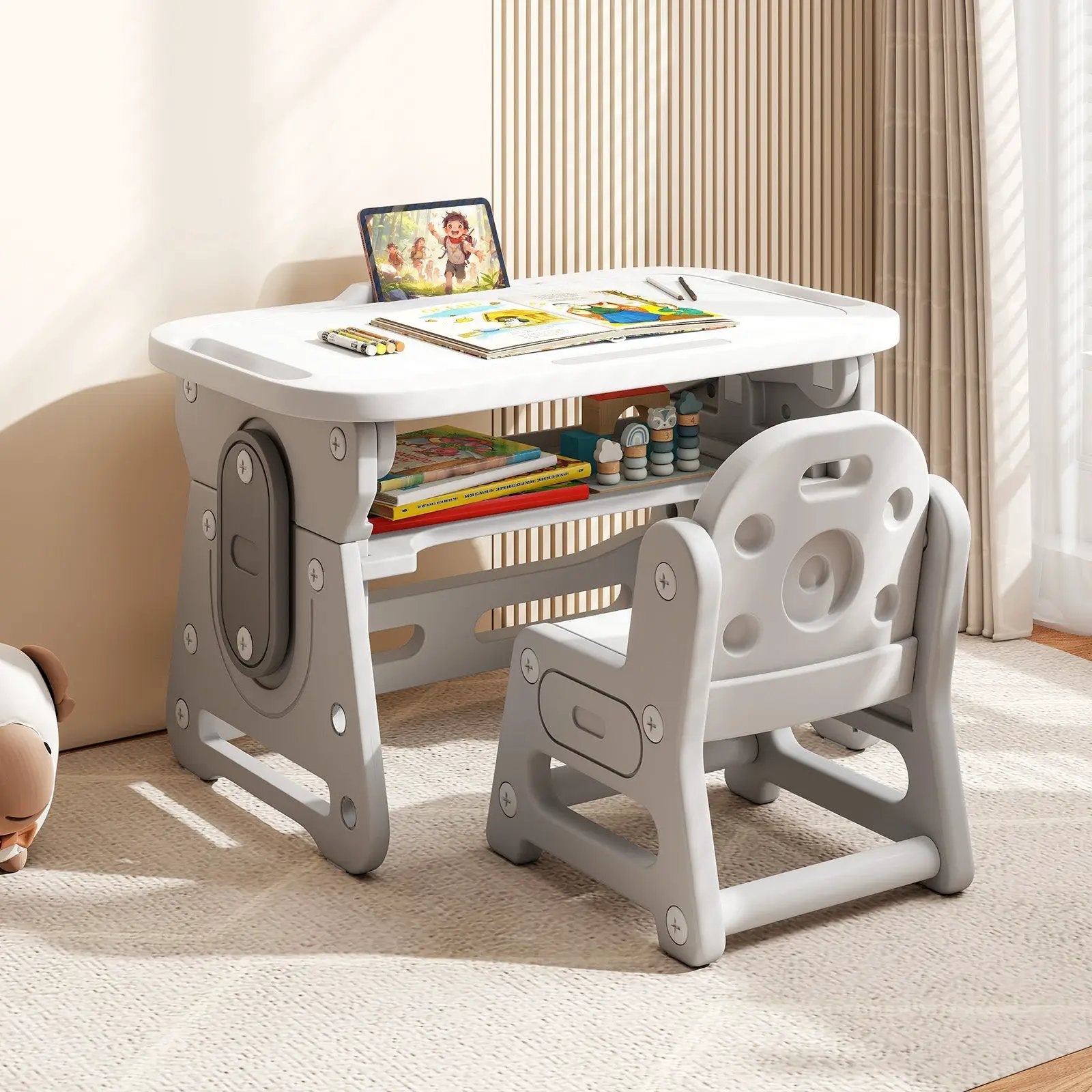 Height Adjustable Kids Table and Chair Set with Tiltable Whiteboard and Concave Shelf by DirectDeals