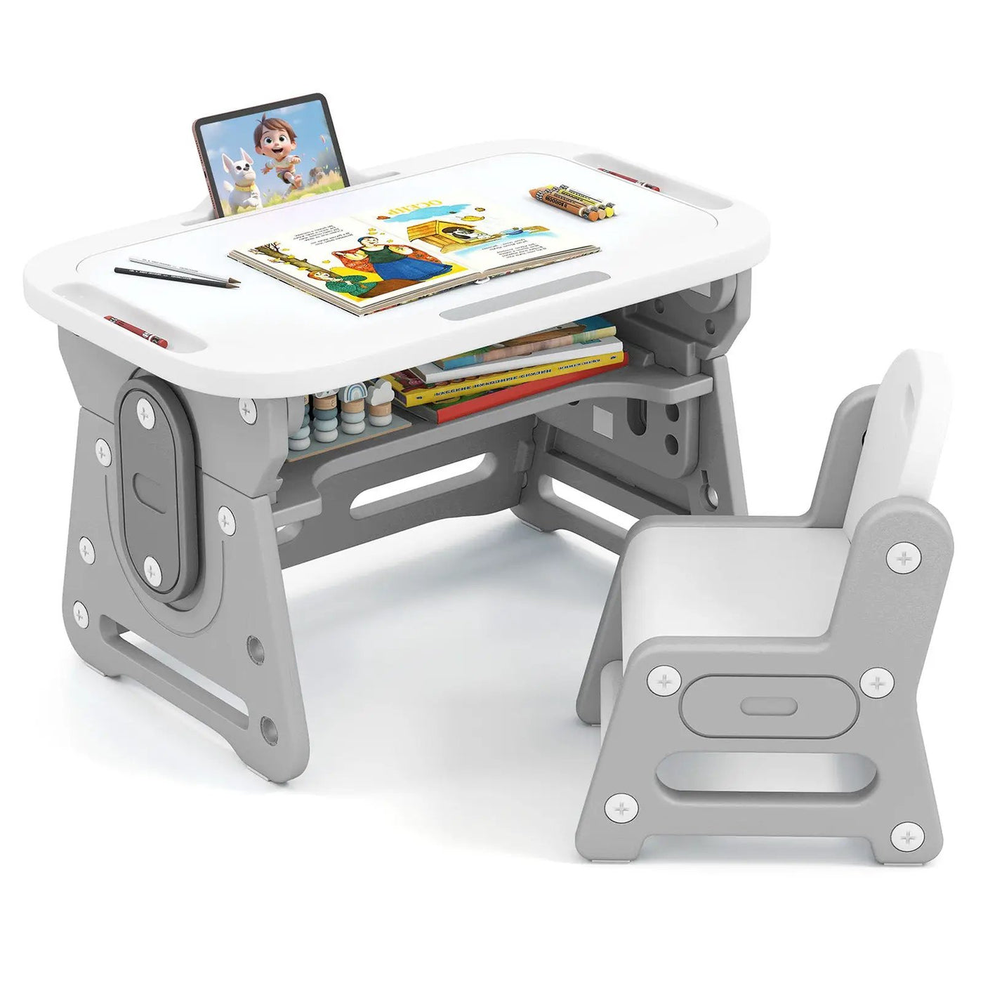 Height Adjustable Kids Table and Chair Set with Tiltable Whiteboard and Concave Shelf by DirectDeals