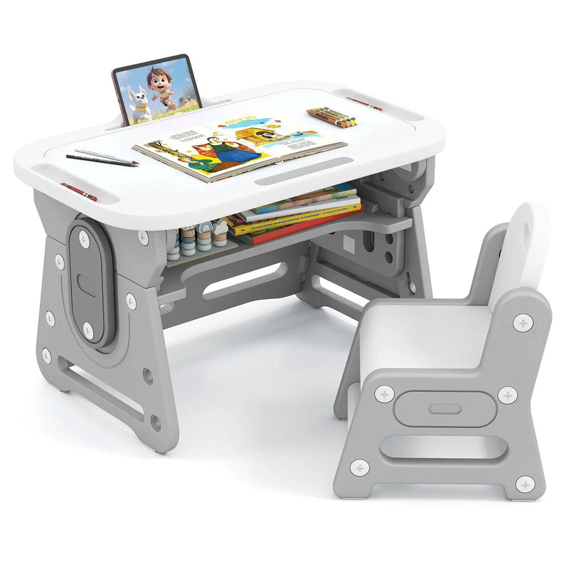 Height Adjustable Kids Table and Chair Set with Tiltable Whiteboard and Concave Shelf by DirectDeals