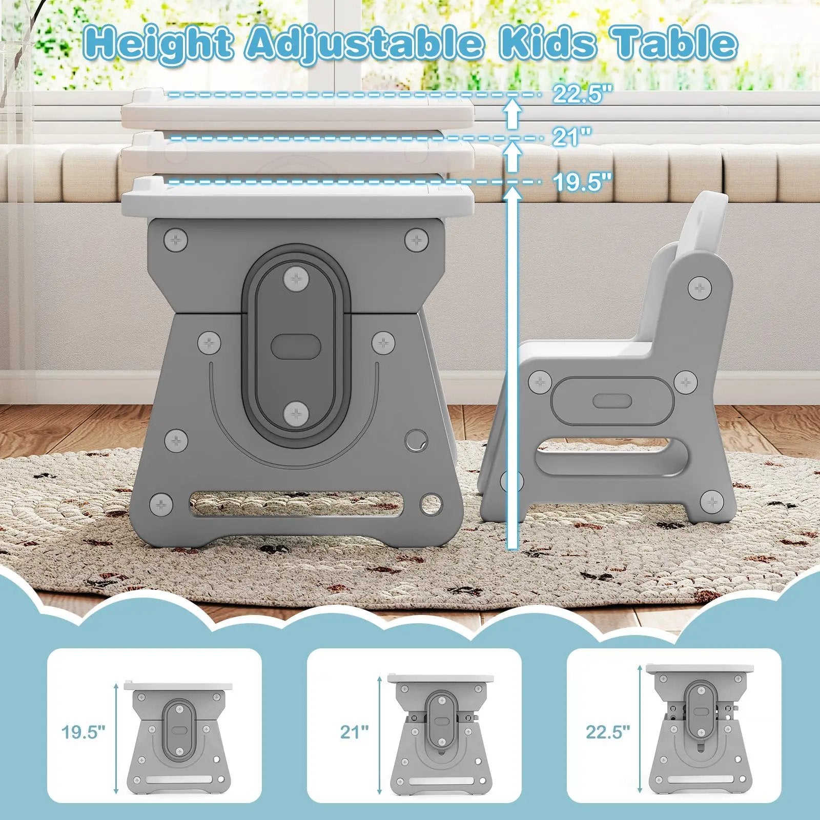 Height Adjustable Kids Table and Chair Set with Tiltable Whiteboard and Concave Shelf by DirectDeals