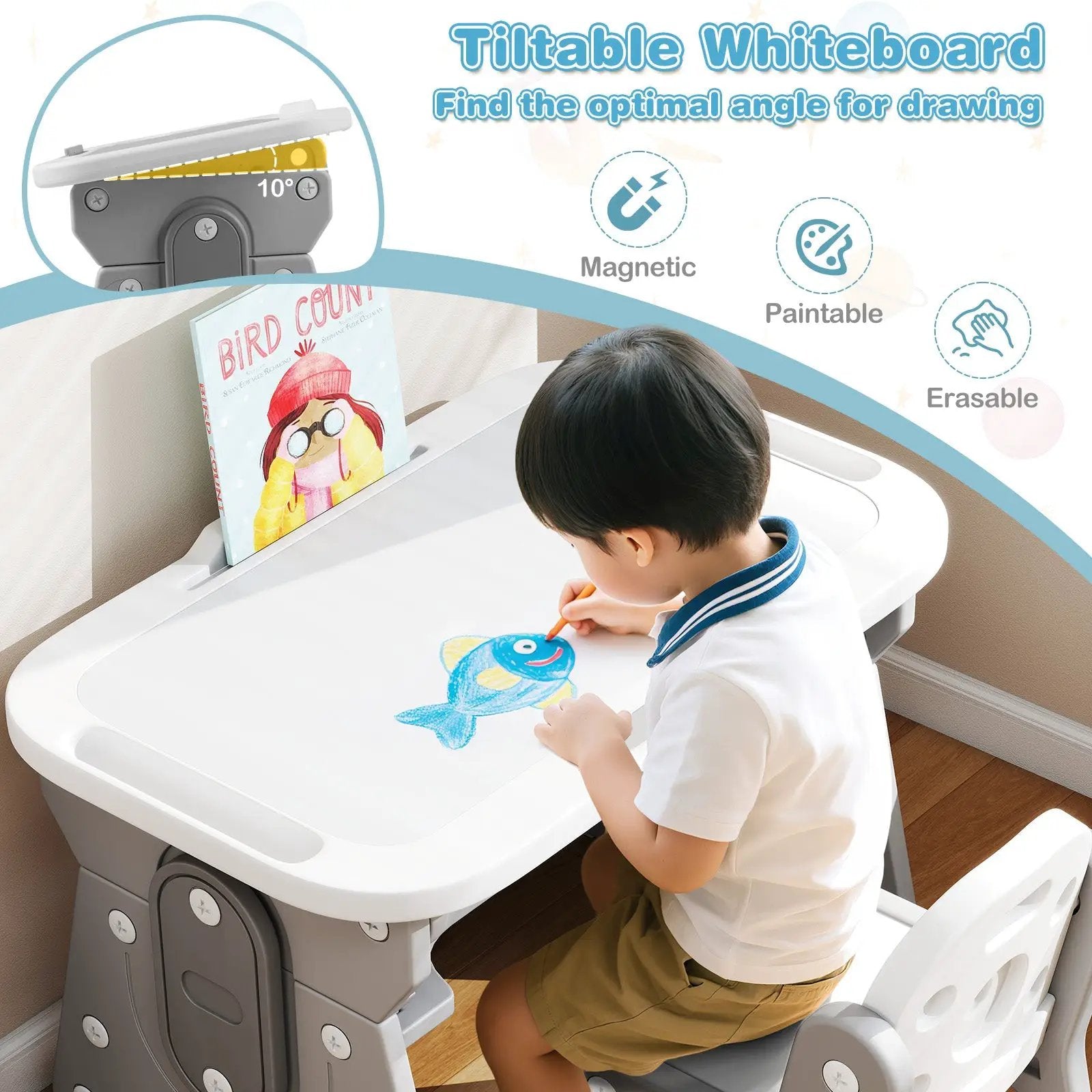 Height Adjustable Kids Table and Chair Set with Tiltable Whiteboard and Concave Shelf by DirectDeals