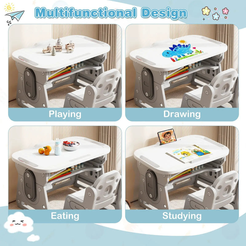 Height Adjustable Kids Table and Chair Set with Tiltable Whiteboard and Concave Shelf by DirectDeals