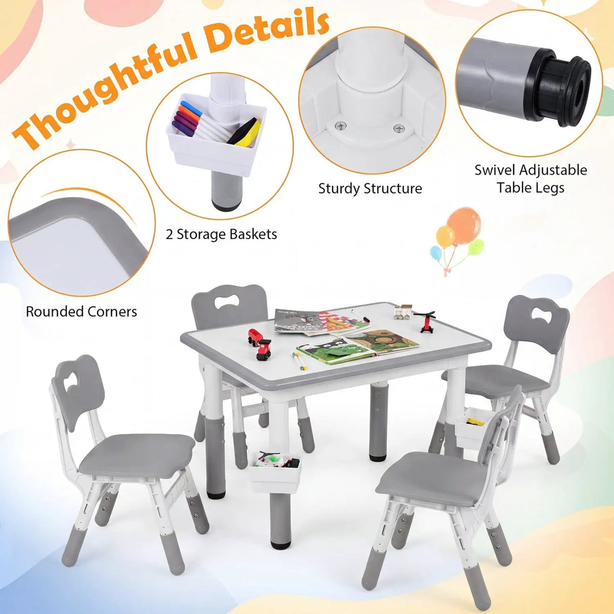 Kids Table and 4 Chairs Set with Adjustable Height by DirectDeals