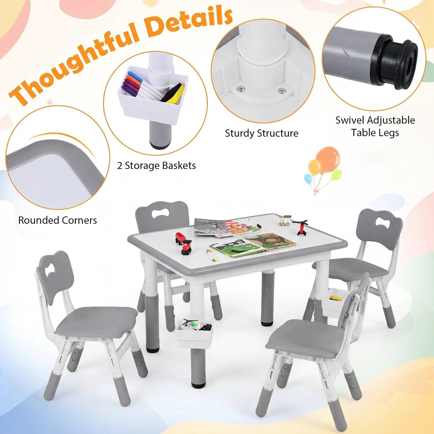 Kids Table and 4 Chairs Set with Adjustable Height by DirectDeals
