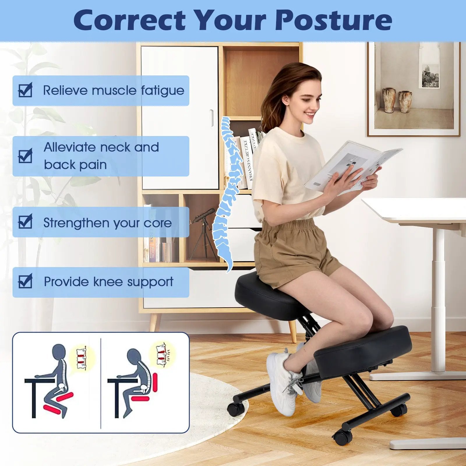Height Adjustable Kneeling Chair Posture Correction Stool by DirectDeals