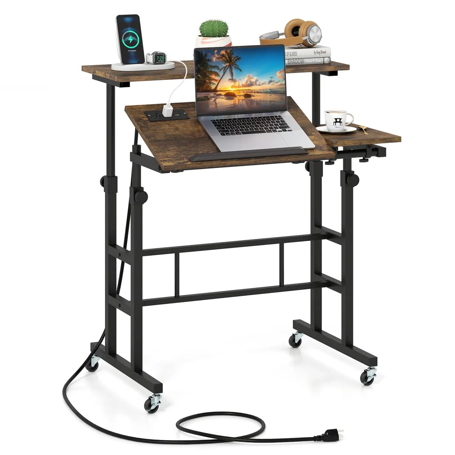 Mobile Standing Desk with Power Outlets & Adjustable Height by DirectDeals