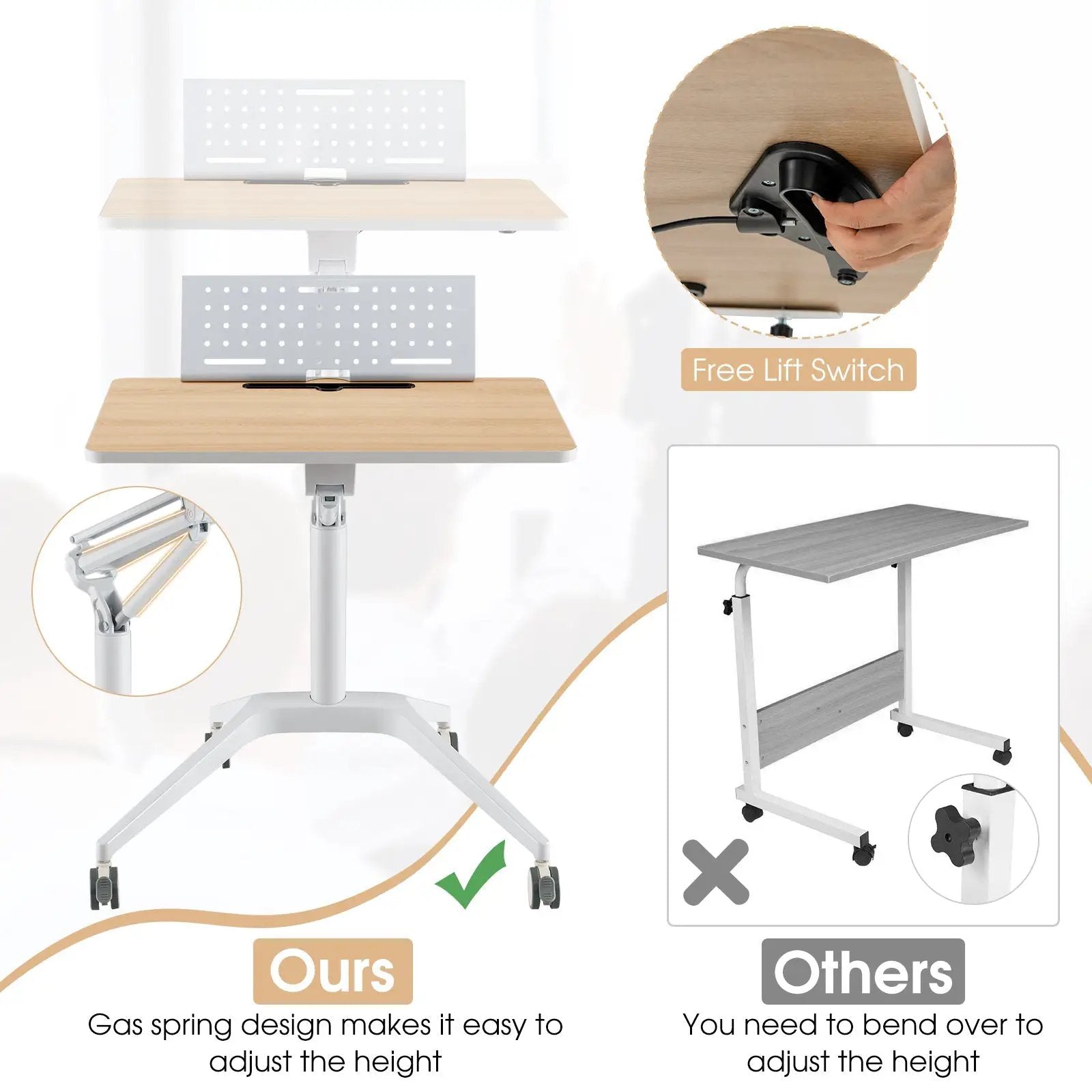 Height Adjustable Mobile Standing Desk with Detachable Holde-Natural by DirectDeals