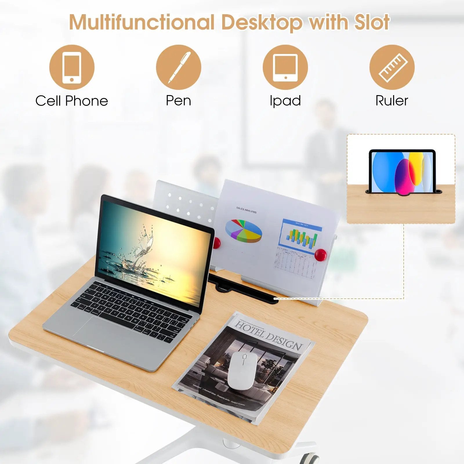 Height Adjustable Mobile Standing Desk with Detachable Holde-Natural by DirectDeals