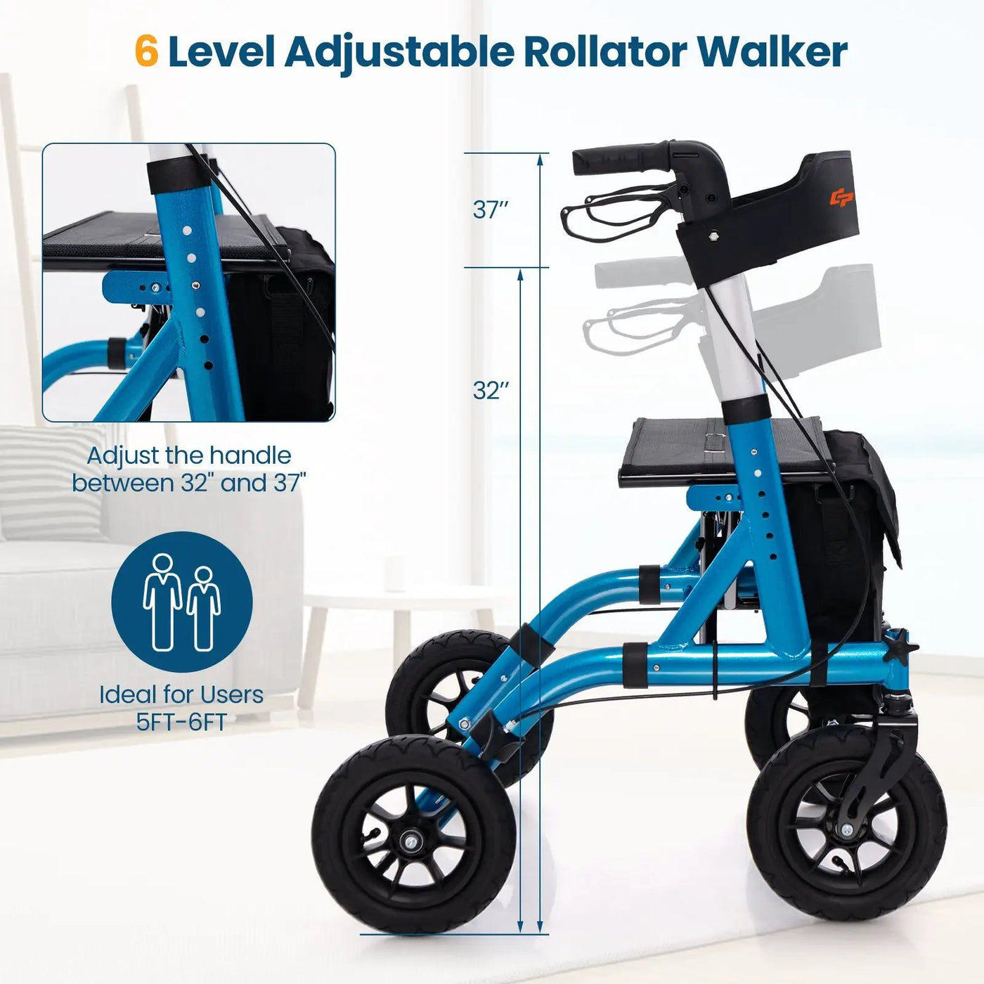 Height Adjustable Rollator Walker Foldable Rolling Walker with Seat for Seniors by DirectDeals