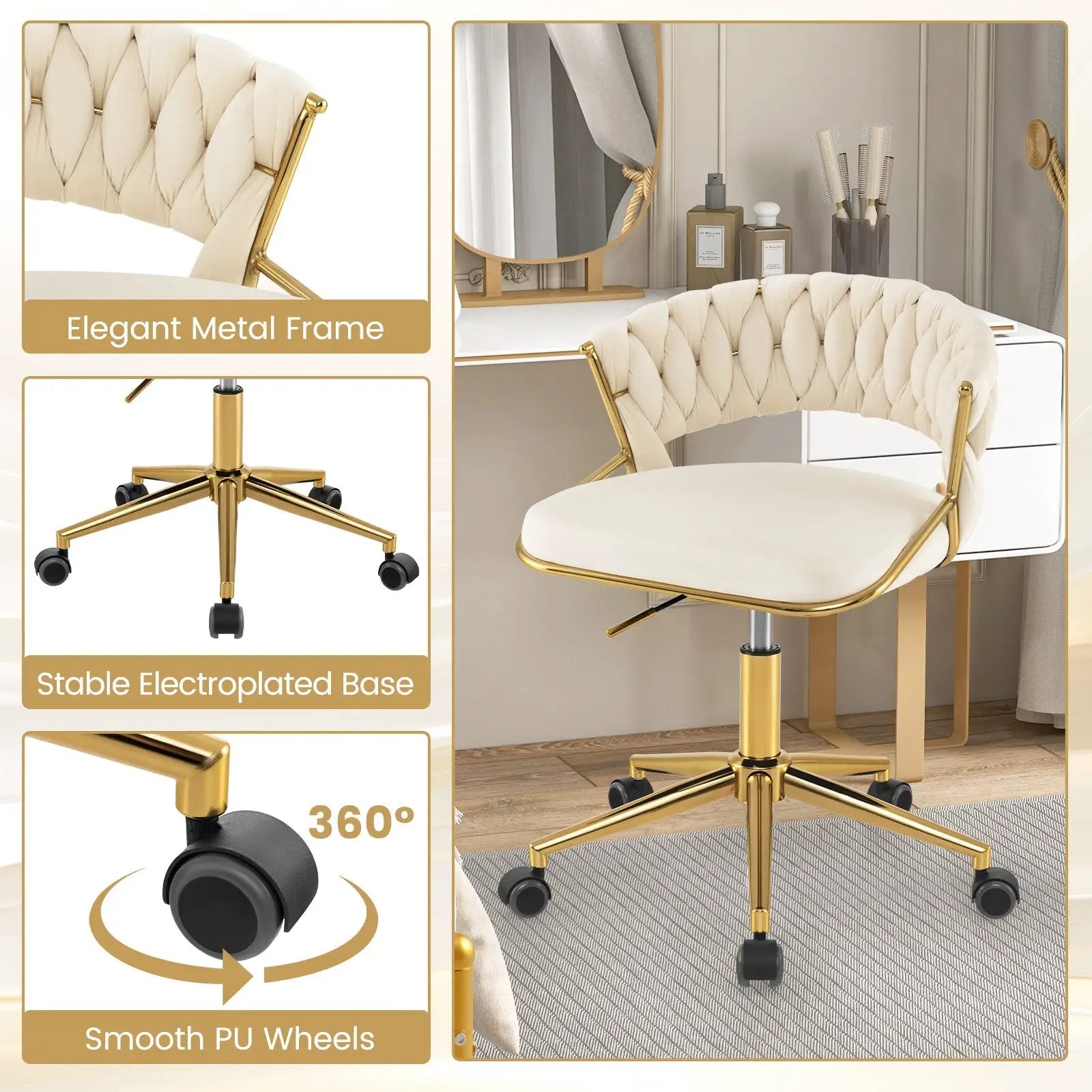 360¬∞ Height Adjustable Swivel Upholstered Desk Computer Chair with Hand-woven Back by DirectDeals
