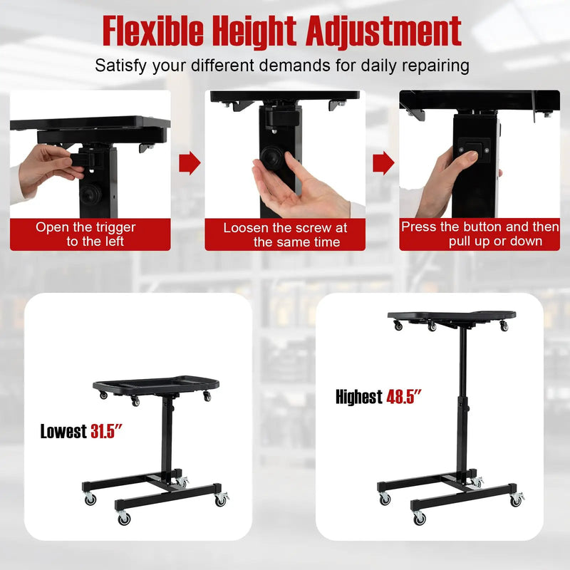 2-in-1 Rolling Tool Tray Height Adjustable Work Table with Detachable Part Tray-Black by DirectDeals