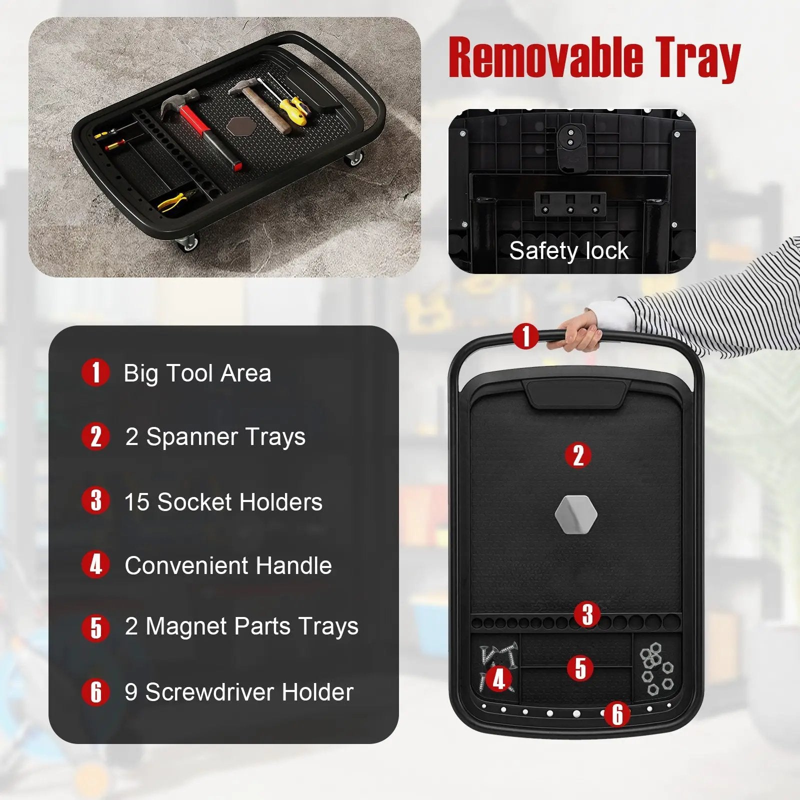 2-in-1 Rolling Tool Tray Height Adjustable Work Table with Detachable Part Tray-Black by DirectDeals