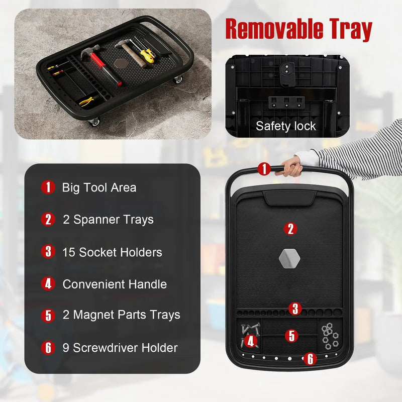 2-in-1 Rolling Tool Tray Height Adjustable Work Table with Detachable Part Tray-Black by DirectDeals